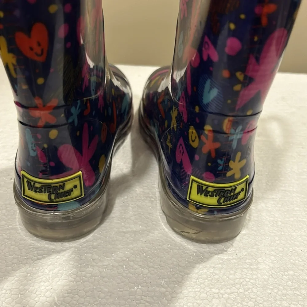 Western Chief Floral hearts stars smiley face Rain Boots light up heels size 10